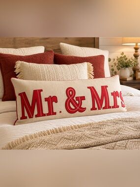 Mr. & Mrs. Embroidered Lumbar Pillow - Red on Cream
